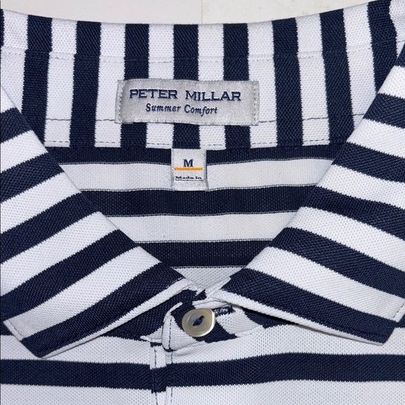 Peter Millar Navy Blue and White Striped Polo Shirt - Size Large - Picture 3 of 5